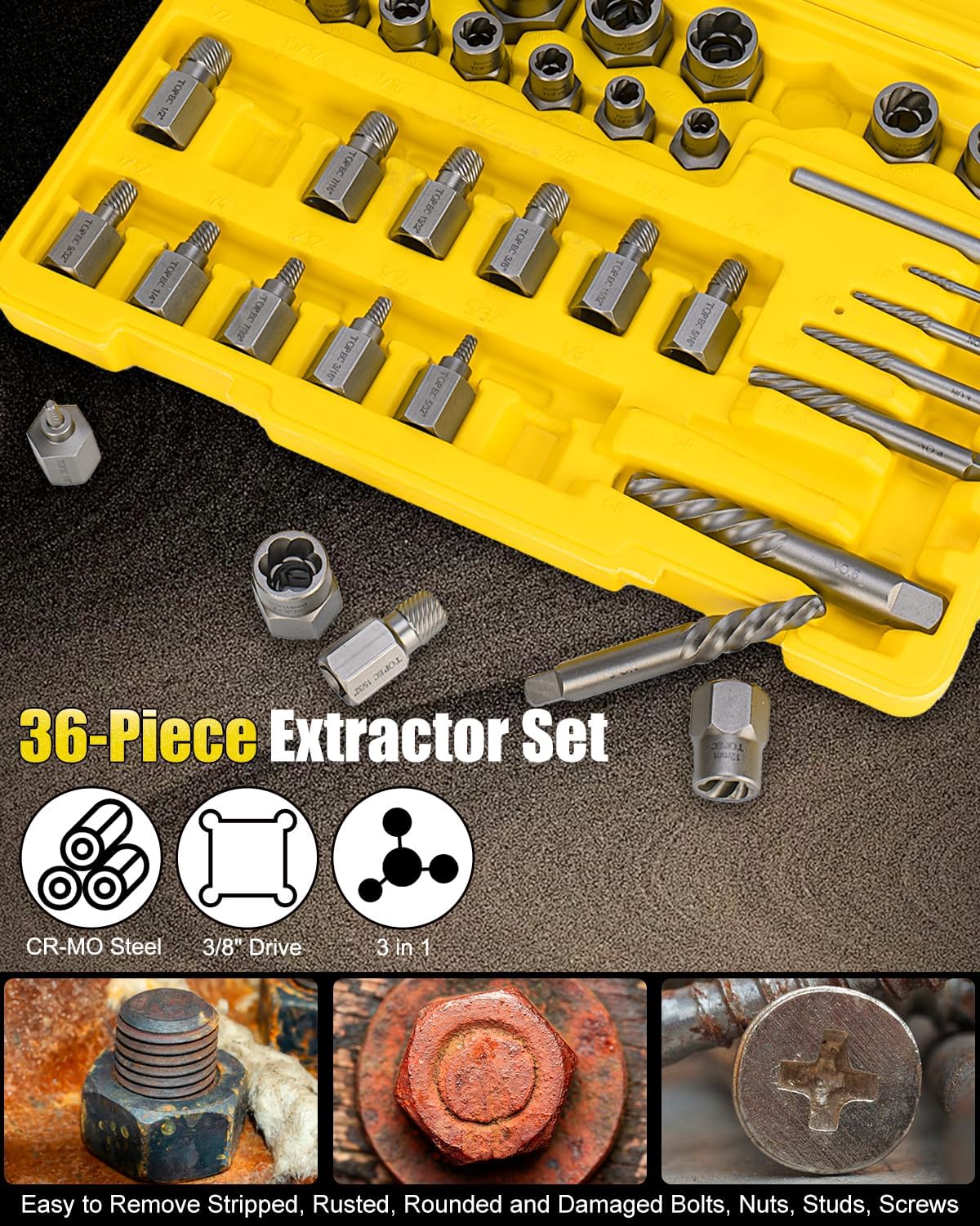 Topec 36Pcs Screw & Bolt Extractor Kit, 3-in-1 Easy Out Screw Extractor Set, 3/8 Drive Broken Bolt Extractor Socket Set, for Damaged, Rounded, Stripped Screw Removal